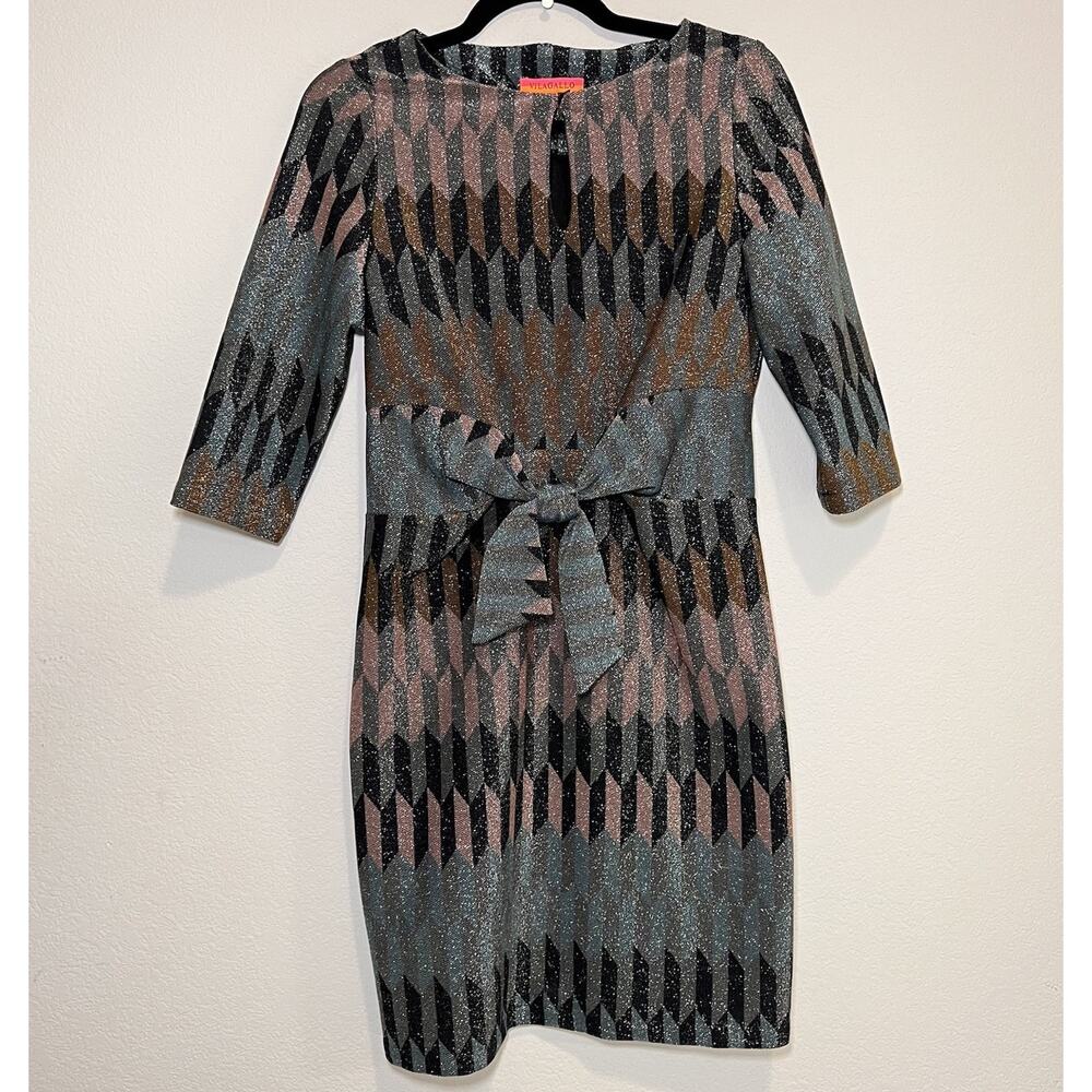 Vilagallo Dress Size 38 (6) Metallic Knit Geometric Tie Waist 3/4 Sleeve Sheath